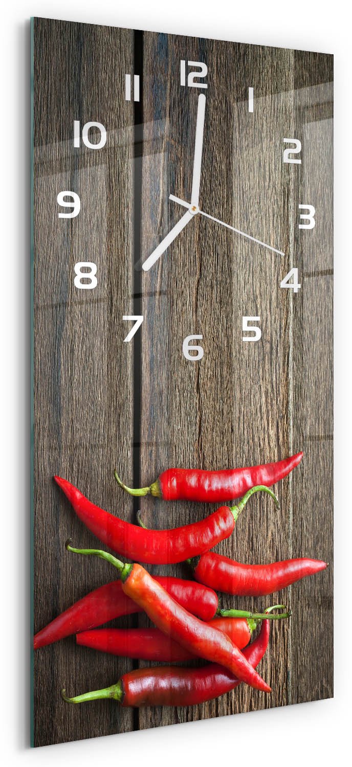 Tulup Wandklok - Chilipepers Gekleurde Glazen Klok - 30x60 cm - Rood Glazen Klok Met Print - Witte handen - Rechthoekige Klok - Moderne Wandklok Glas - Wandklok Glas Decoratie