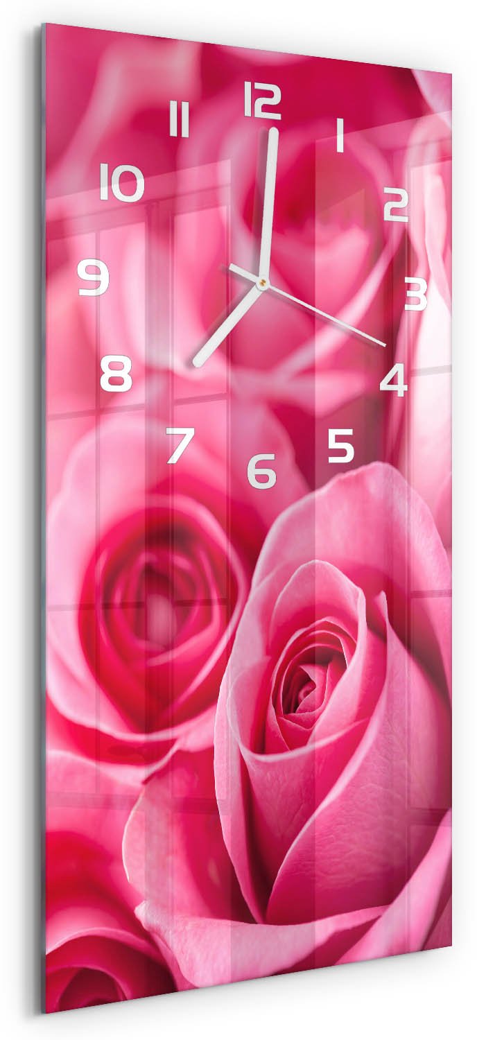 Tulup Wandklok - Roze rozen Klok Glas Met Opdruk - 30x60 cm - Roze Moderne Wandklok Glas - Witte handen - Rechthoekige Klok - Decoratieve Glazen Klok - Glazen Wandklok Design