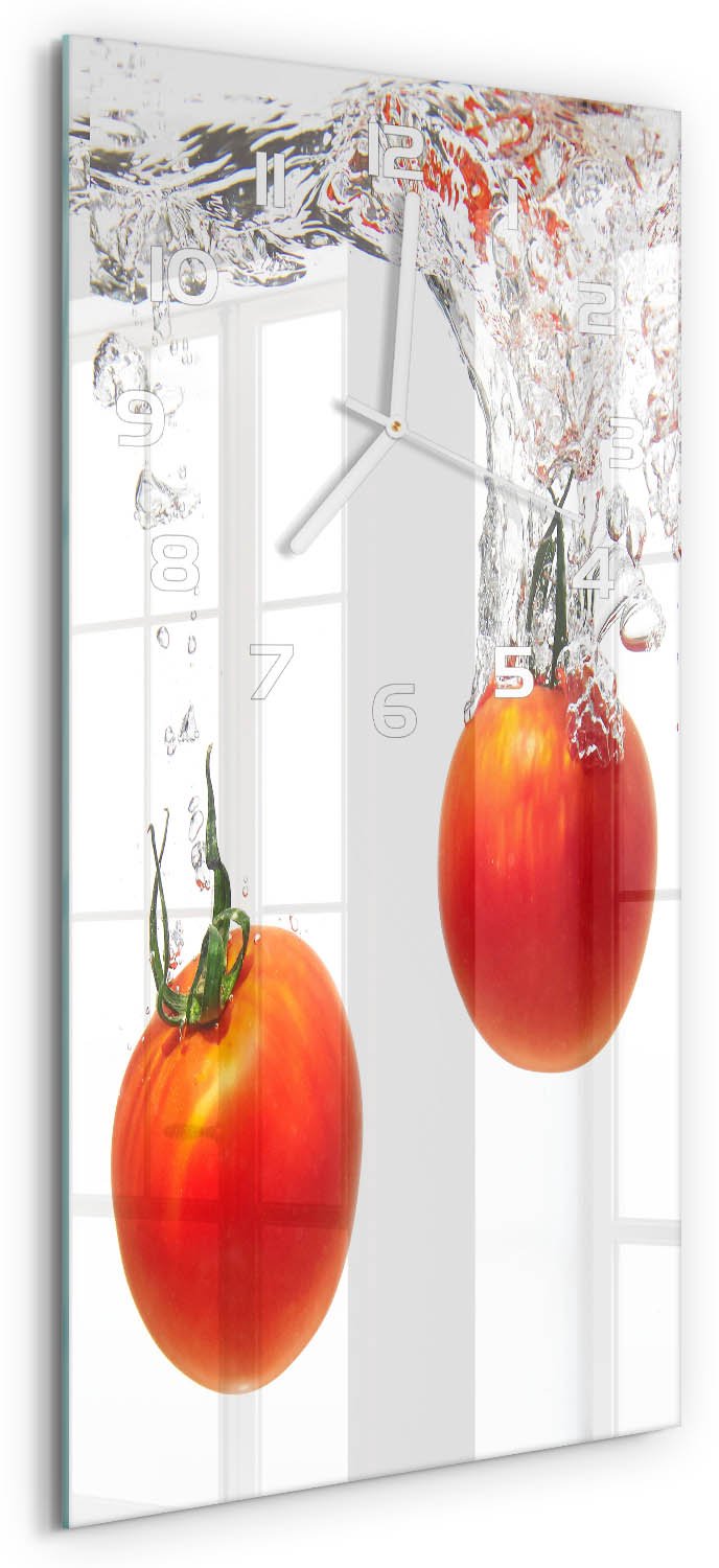 Tulup Wandklok - Tomaten onder water Wandklok Glas Met Motief - 30x60 cm - Rood Decoratieve Glazen Klok - Witte handen - Rechthoekige Klok - Gekleurde Glazen Klok - Glazen Klok Met Print