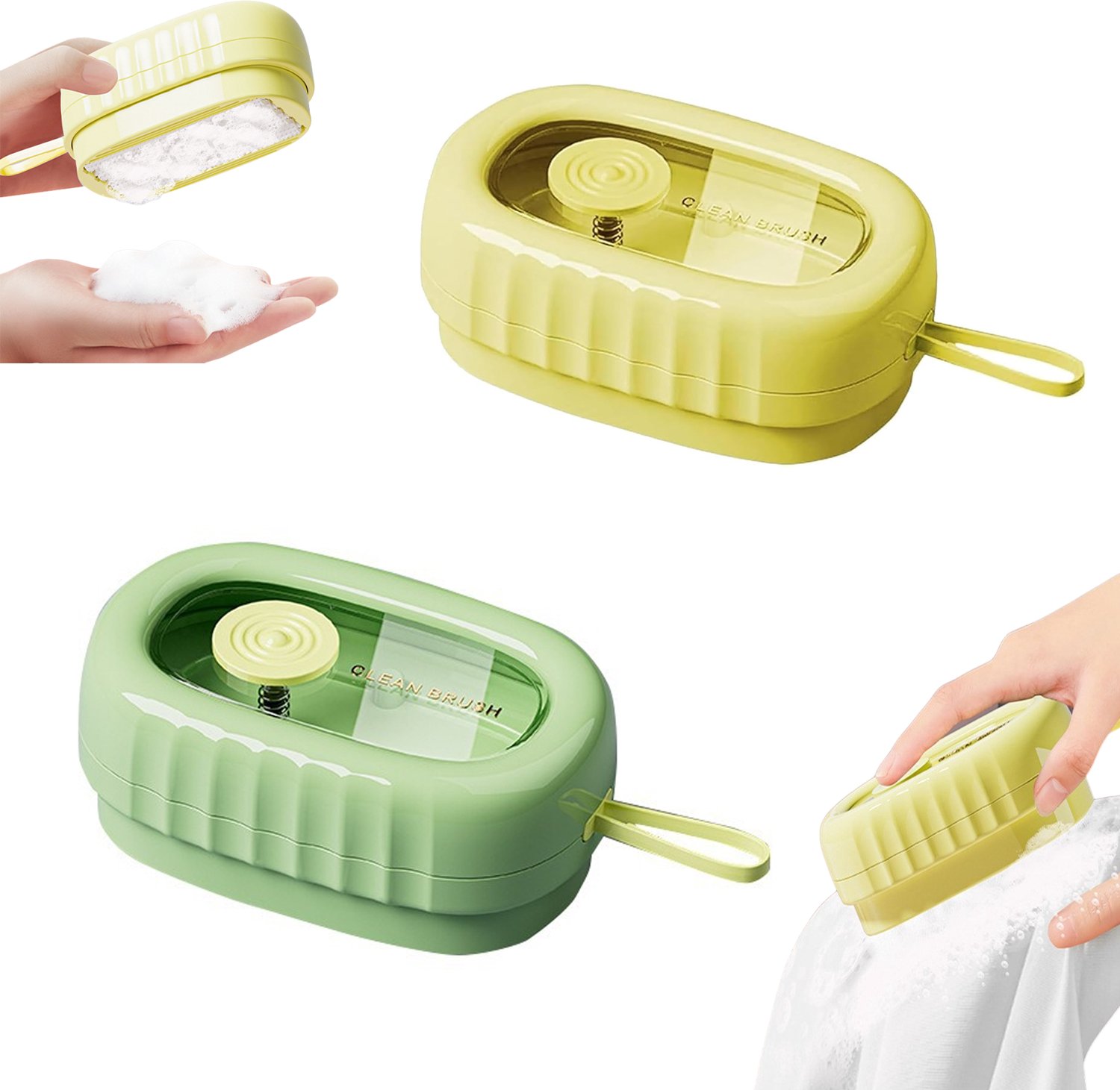 2 stuks - Wasborstel - handborstel - Hand scrub borstel - Wasborstel met zeepdispenser - met zeepreservoir - drukdispenser - ophangbaar - 11×7×4cm - Geel + Groen - voor kleding