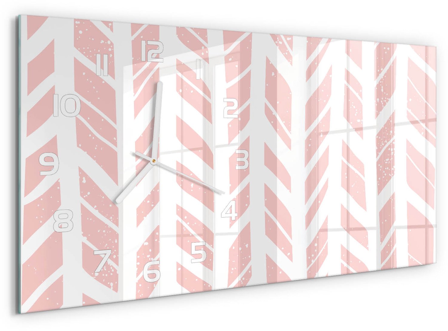 TULUP Wandklok - Visgraatpatroon Glazen Wandklok Design - 60x30 cm - Roze Klok Glas Met Opdruk - Witte handen - Rechthoekige Klok - Wandklok Glas Met Motief - Decoratieve Glazen Klok