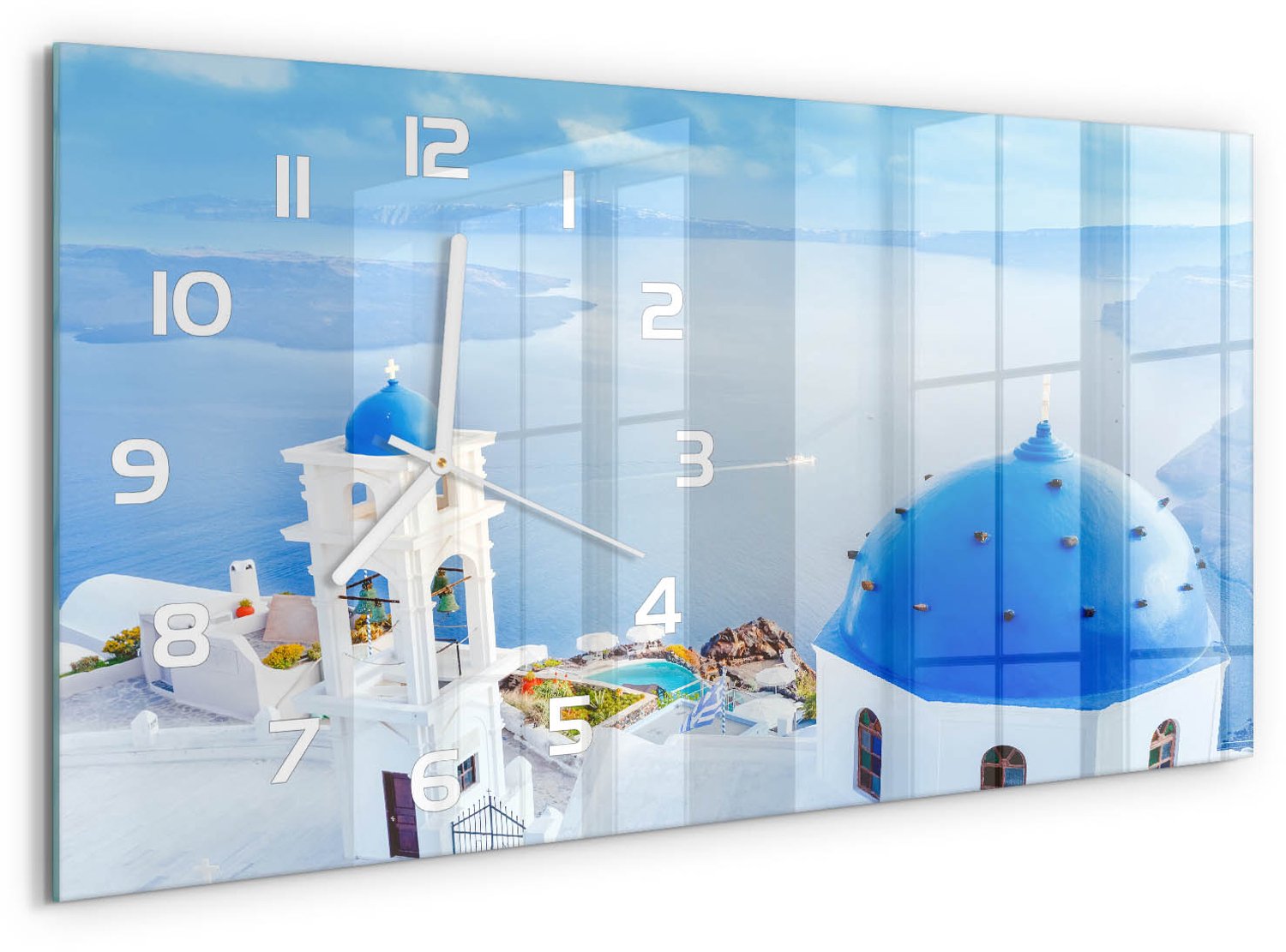 TULUP Wandklok - Santorini, Griekenland Wandklok Glas Met Motief - 60x30 cm - Blauw Decoratieve Glazen Klok - Witte handen - Rechthoekige Klok - Gekleurde Glazen Klok - Glazen Klok Met Print