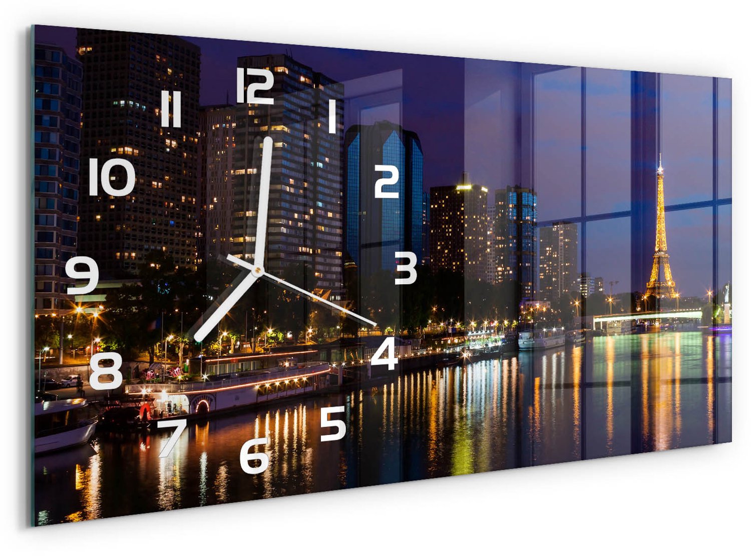 TULUP Wandklok - Parijs bij nacht Decoratieve Glazen Klok - 60x30 cm - Zwart Glazen Wandklok Design - Witte handen - Rechthoekige Klok - Glazen Klok Met Print - Wandklok Glas Met Motief