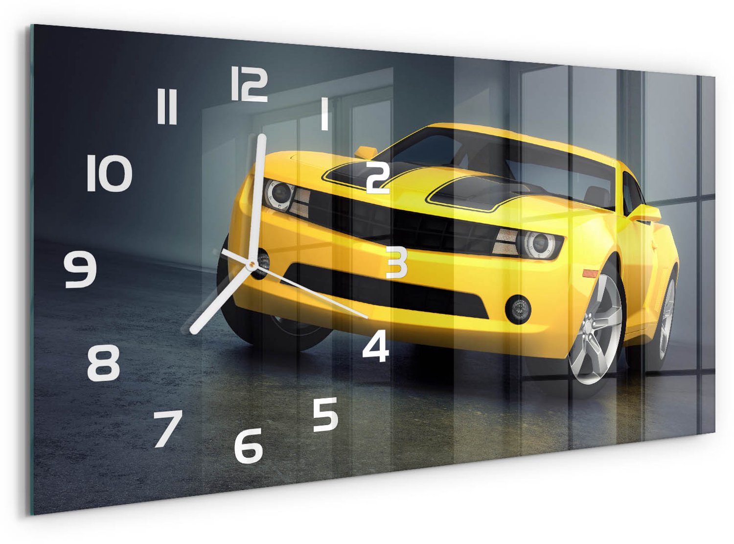 TULUP Wandklok - Sportwagen Glazen Klok Met Print - 60x30 cm - Geel Wandklok Glas Met Motief - Witte handen - Rechthoekige Klok - Wandklok Glas Decoratie - Gekleurde Glazen Klok