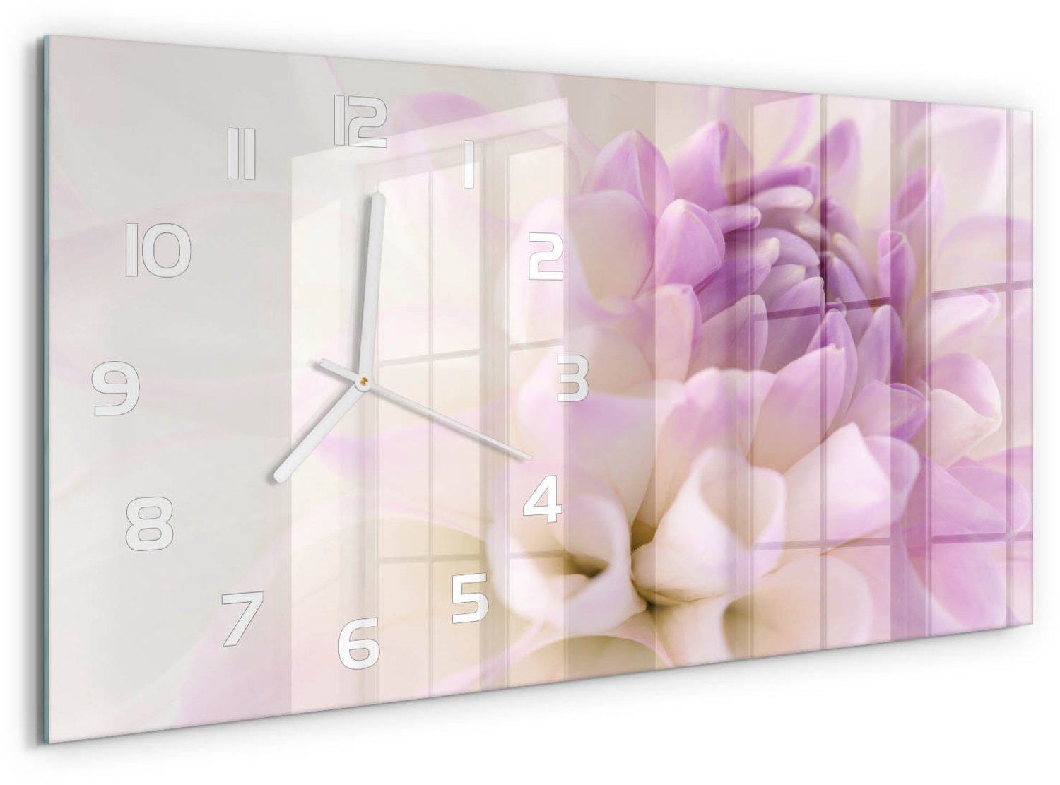 TULUP Wandklok - Witte dahlia Moderne Wandklok Glas - 60x30 cm - Paars Wandklok Glas Decoratie - Witte handen - Rechthoekige Klok - Glazen Wandklok Design - Klok Glas Met Opdruk