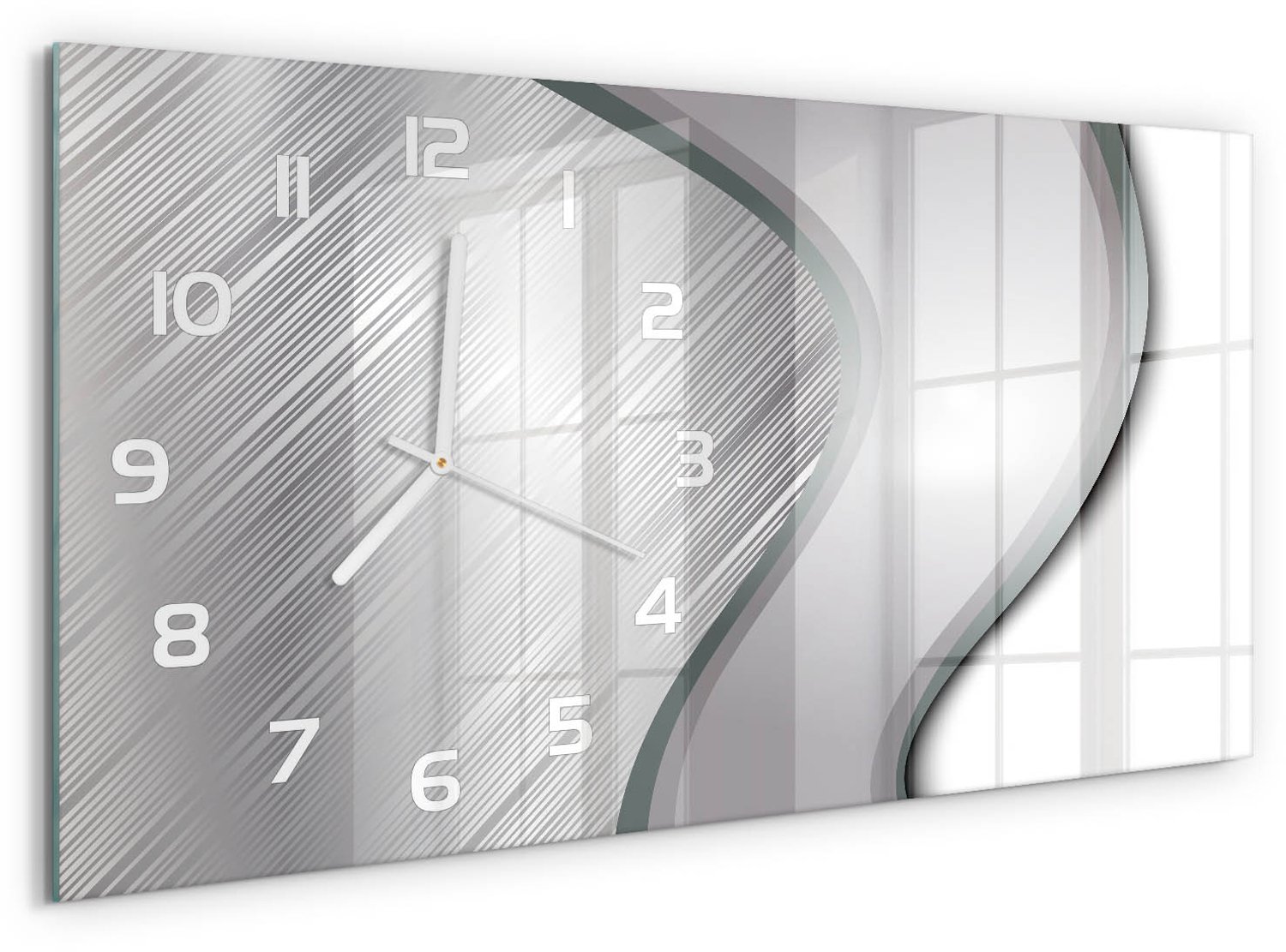 TULUP Wandklok - Metaalabstractie Wandklok Glas Decoratie - 60x30 cm - Zilver Gekleurde Glazen Klok - Witte handen - Rechthoekige Klok - Klok Glas Met Opdruk - Moderne Wandklok Glas
