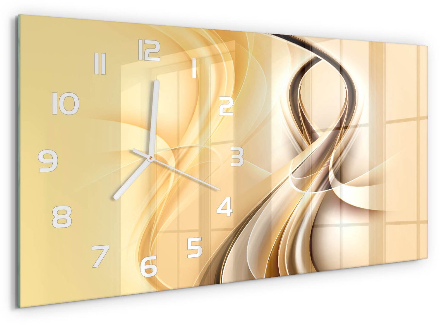 TULUP Wandklok - Golfabstractie Glazen Wandklok Design - 60x30 cm - Geel Klok Glas Met Opdruk - Witte handen - Rechthoekige Klok - Wandklok Glas Met Motief - Decoratieve Glazen Klok