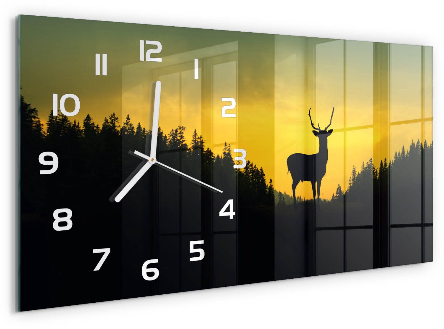 TULUP Wandklok - Hert Gekleurde Glazen Klok - 60x30 cm - Geel Glazen Klok Met Print - Witte handen - Rechthoekige Klok - Moderne Wandklok Glas - Wandklok Glas Decoratie