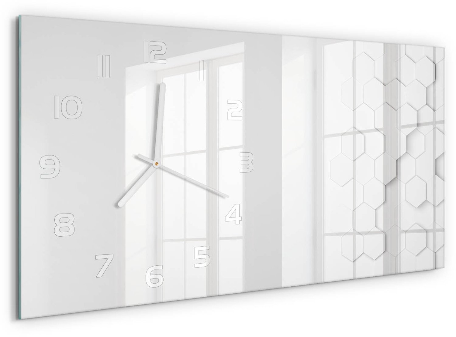 TULUP Wandklok - Zeshoekige achtergrond Wandklok Glas Decoratie - 60x30 cm - Wit Gekleurde Glazen Klok - Witte handen - Rechthoekige Klok - Klok Glas Met Opdruk - Moderne Wandklok Glas