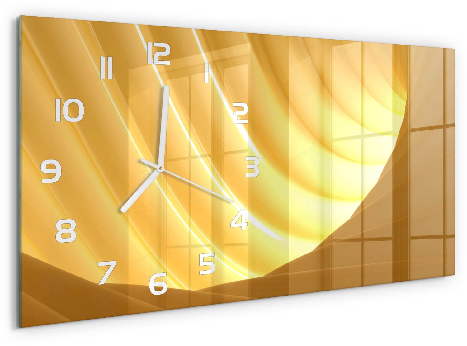 TULUP Wandklok - Wervelabstractie Wandklok Glas Decoratie - 60x30 cm - Geel Gekleurde Glazen Klok - Witte handen - Rechthoekige Klok - Klok Glas Met Opdruk - Moderne Wandklok Glas