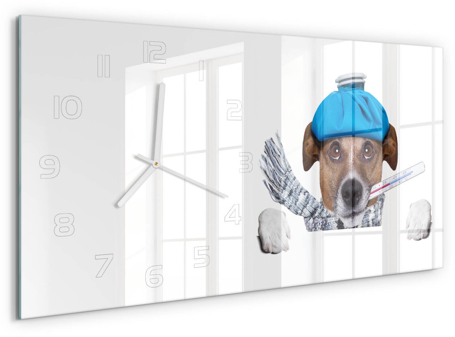 TULUP Wandklok - Zieke hond Wandklok Glas Met Motief - 60x30 cm - Blauw Decoratieve Glazen Klok - Witte handen - Rechthoekige Klok - Gekleurde Glazen Klok - Glazen Klok Met Print