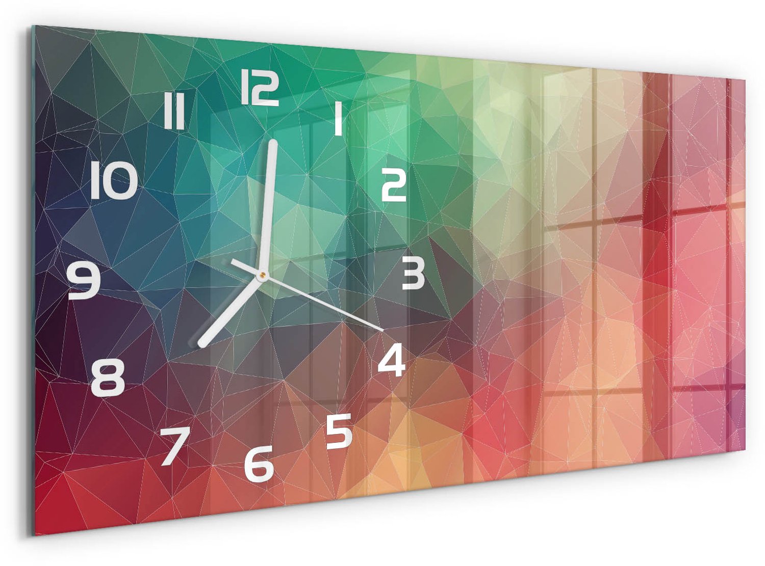 TULUP Wandklok - Geometrische achtergrond Glazen Wandklok Design - 60x30 cm - Veelkleurig Klok Glas Met Opdruk - Witte handen - Rechthoekige Klok - Wandklok Glas Met Motief - Decoratieve Glazen Klok