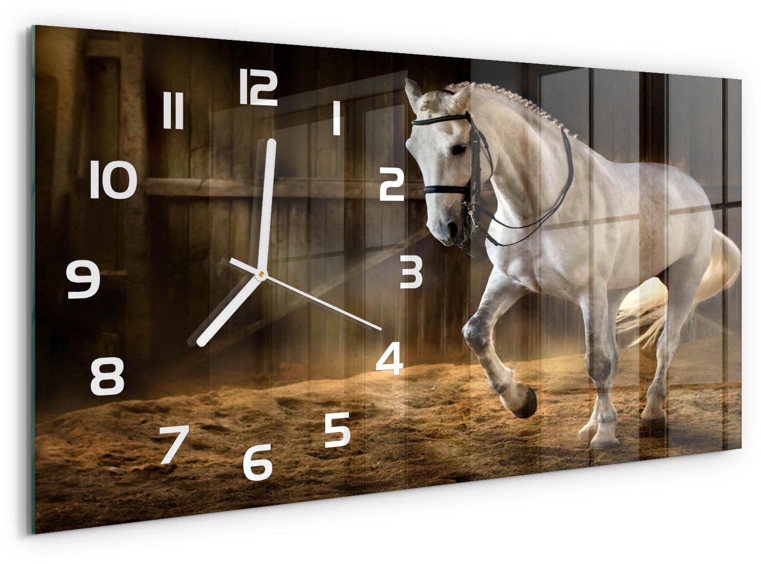 TULUP Wandklok - Het witte paard in de stal Moderne Wandklok Glas - 60x30 cm - Wit Wandklok Glas Decoratie - Witte handen - Rechthoekige Klok - Glazen Wandklok Design - Klok Glas Met Opdruk