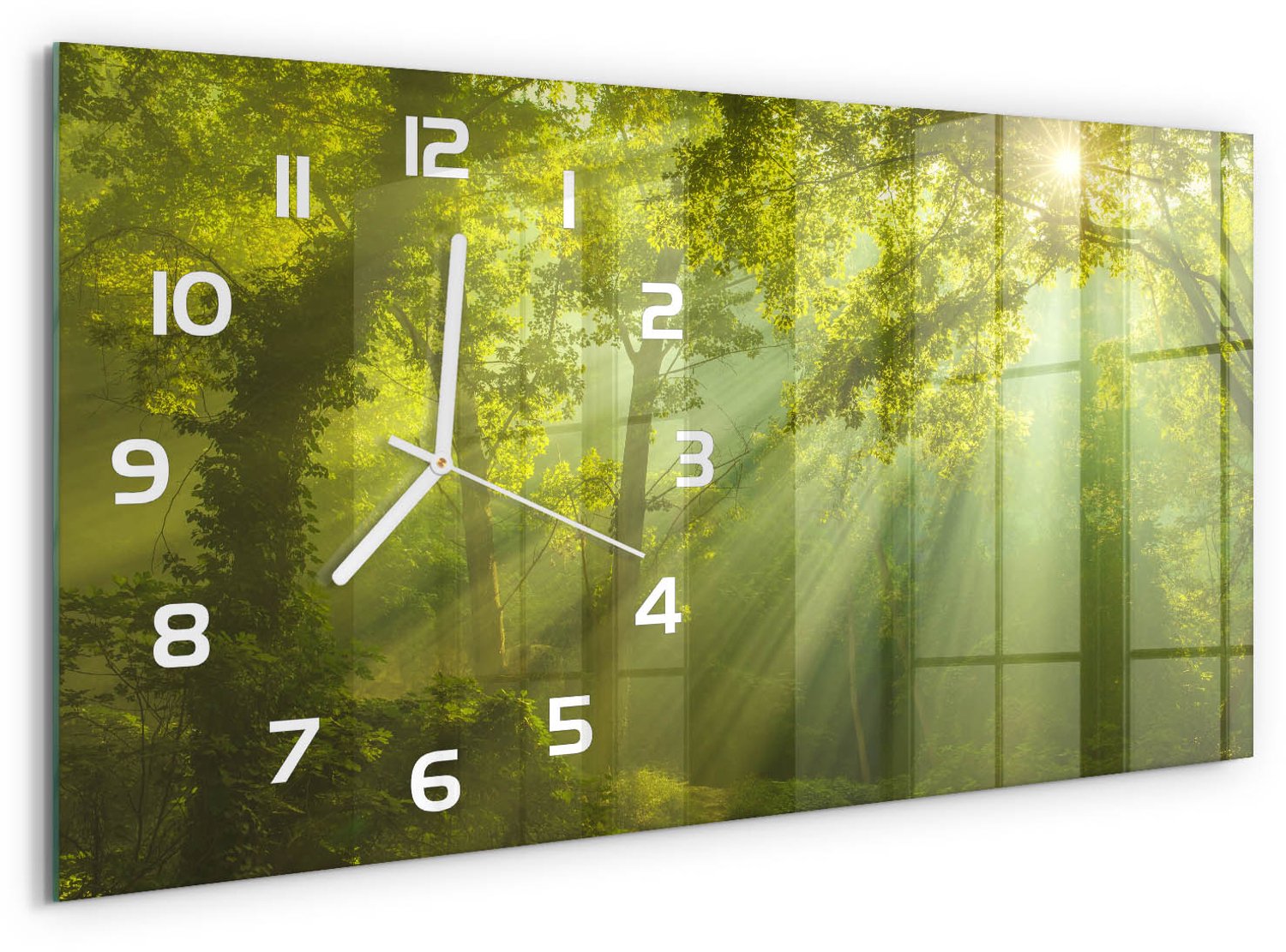TULUP Wandklok - Bos in de zon Decoratieve Glazen Klok - 60x30 cm - Groente Glazen Wandklok Design - Witte handen - Rechthoekige Klok - Glazen Klok Met Print - Wandklok Glas Met Motief