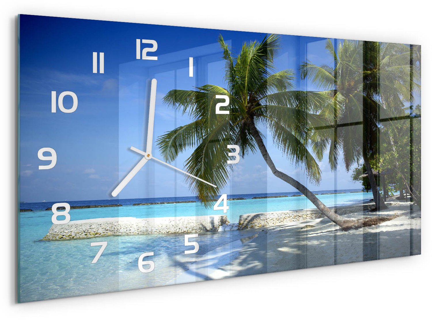 TULUP Wandklok - Tropisch strand Wandklok Glas Met Motief - 60x30 cm - Blauw Decoratieve Glazen Klok - Witte handen - Rechthoekige Klok - Gekleurde Glazen Klok - Glazen Klok Met Print