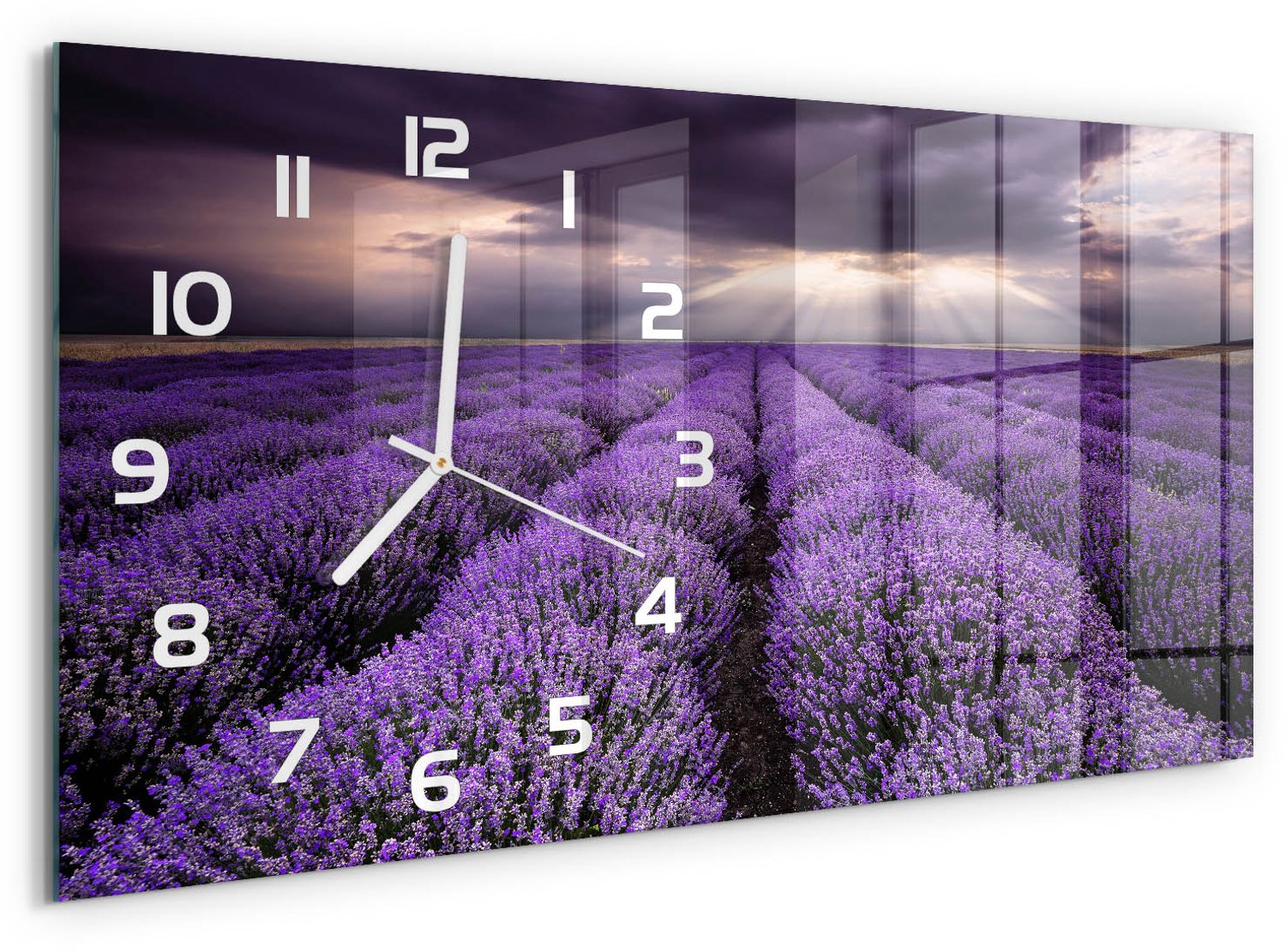 TULUP Wandklok - Lavendelveld Gekleurde Glazen Klok - 60x30 cm - Paars Glazen Klok Met Print - Witte handen - Rechthoekige Klok - Moderne Wandklok Glas - Wandklok Glas Decoratie