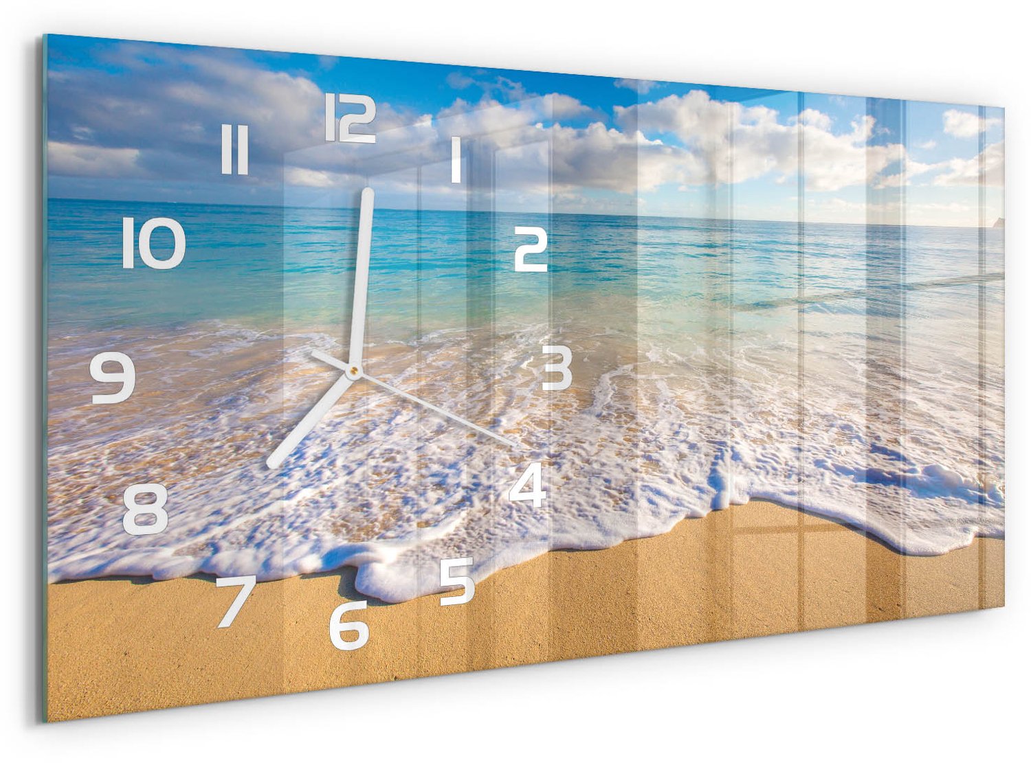 TULUP Wandklok - Hawaiiaans strand Glazen Wandklok Design - 60x30 cm - Blauw Klok Glas Met Opdruk - Witte handen - Rechthoekige Klok - Wandklok Glas Met Motief - Decoratieve Glazen Klok