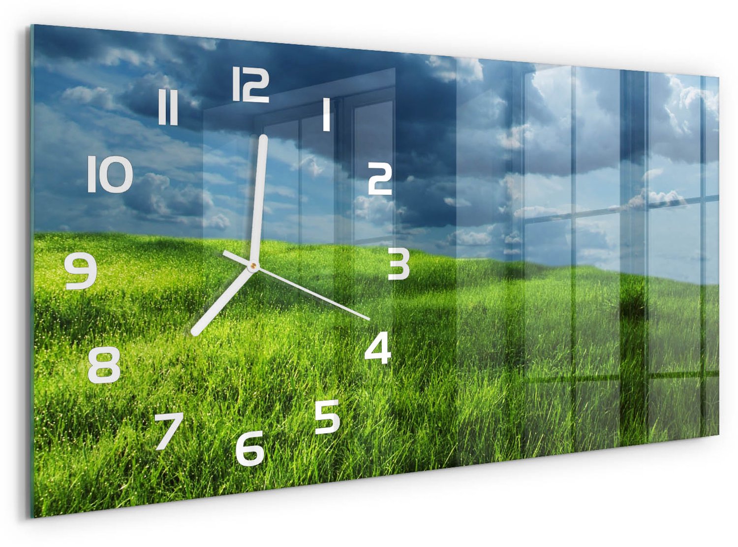 TULUP Wandklok - Wolken boven het veld Klok Glas Met Opdruk - 60x30 cm - Groente Moderne Wandklok Glas - Witte handen - Rechthoekige Klok - Decoratieve Glazen Klok - Glazen Wandklok Design