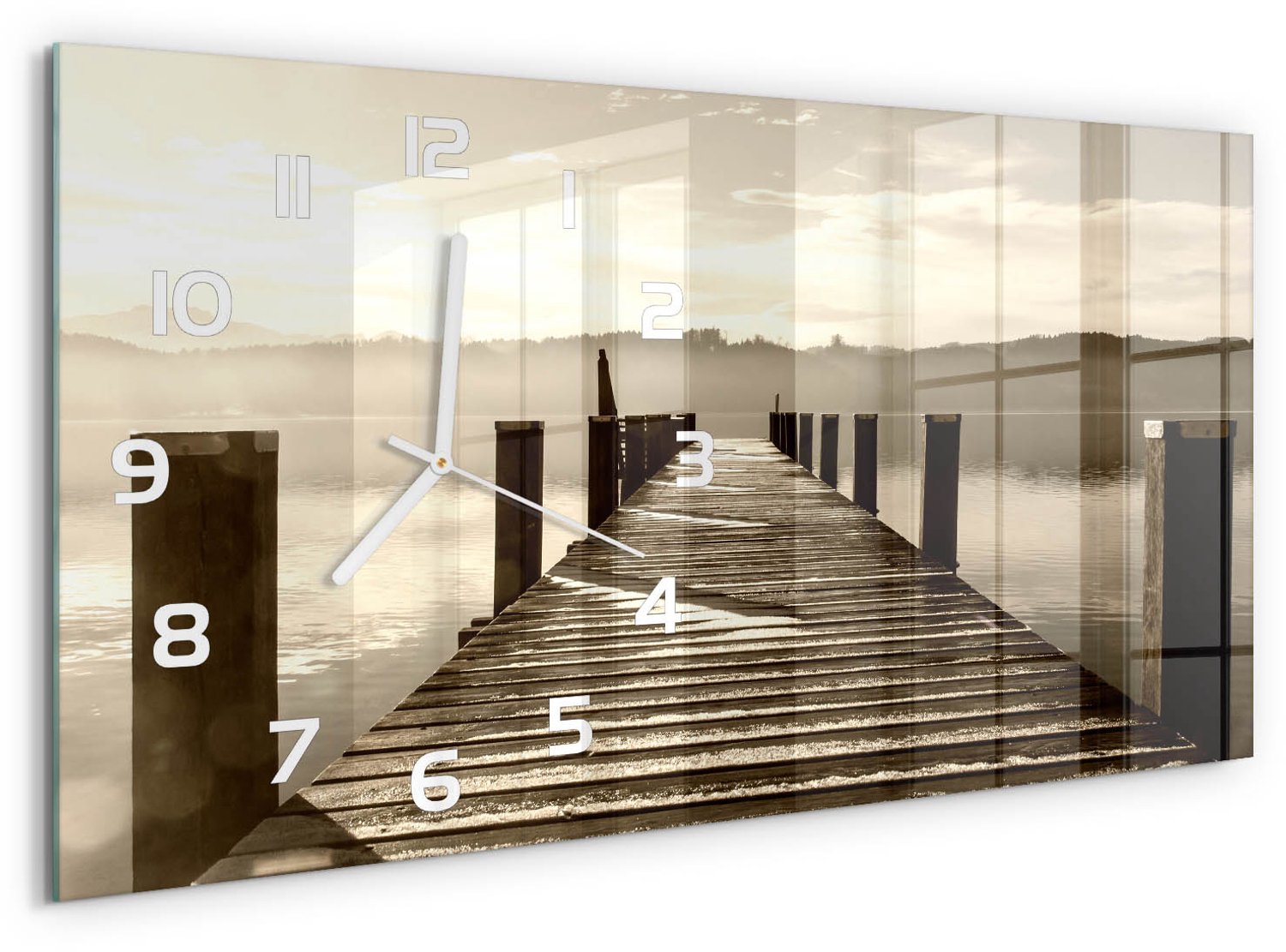 TULUP Wandklok - Houten brug Decoratieve Glazen Klok - 60x30 cm - Bruin Glazen Wandklok Design - Witte handen - Rechthoekige Klok - Glazen Klok Met Print - Wandklok Glas Met Motief