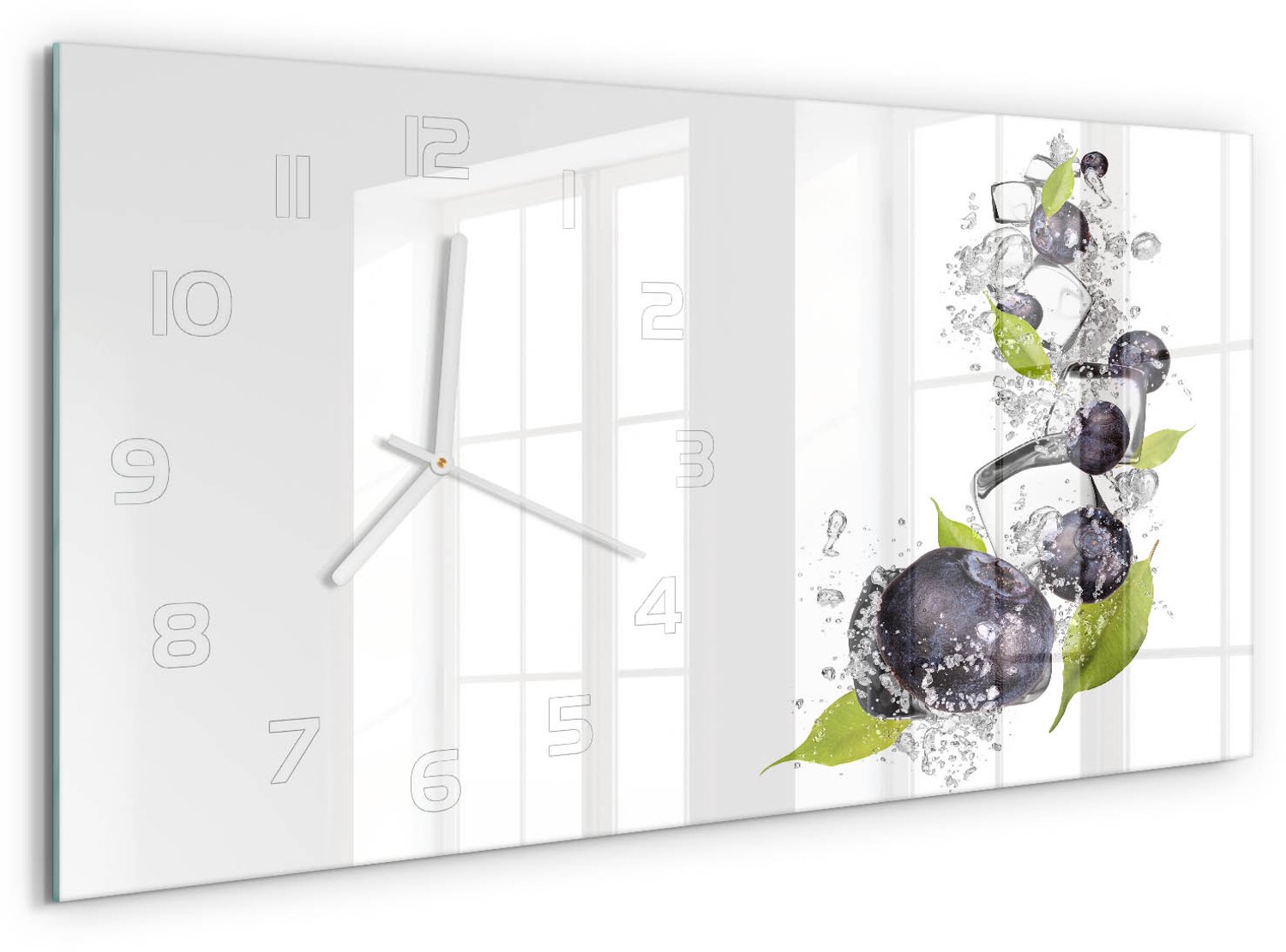 TULUP Wandklok - Bosbessen met ijs Decoratieve Glazen Klok - 60x30 cm - Zwart Glazen Wandklok Design - Witte handen - Rechthoekige Klok - Glazen Klok Met Print - Wandklok Glas Met Motief