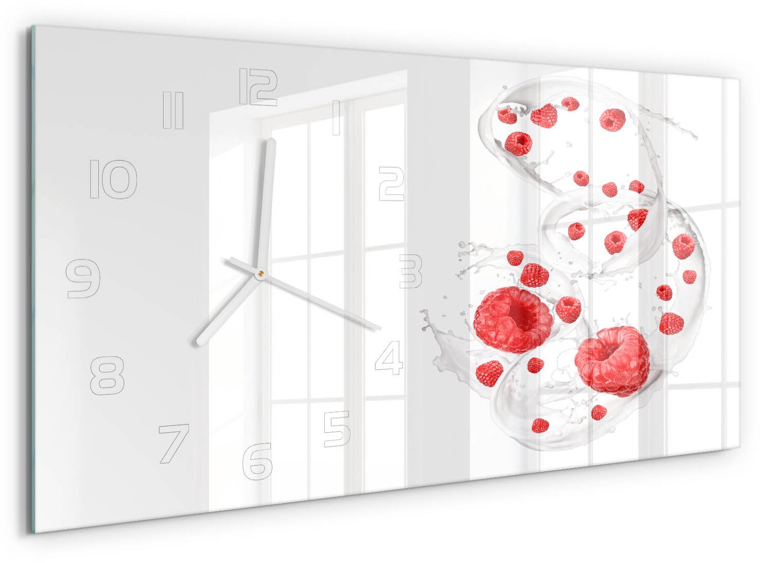 TULUP Wandklok - Frambozen met melk Gekleurde Glazen Klok - 60x30 cm - Rood Glazen Klok Met Print - Witte handen - Rechthoekige Klok - Moderne Wandklok Glas - Wandklok Glas Decoratie