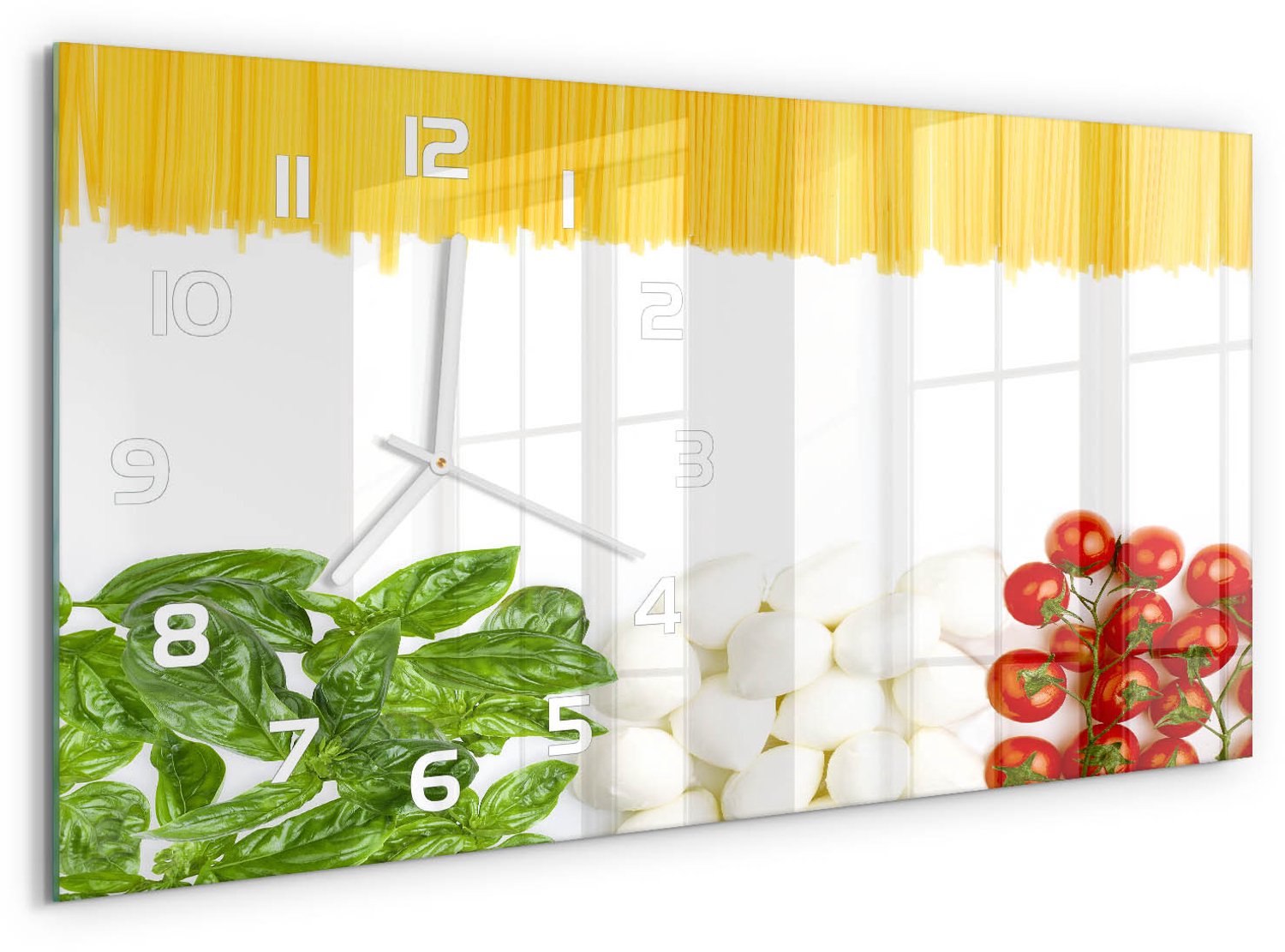 TULUP Wandklok - Italiaanse vlag Decoratieve Glazen Klok - 60x30 cm - Veelkleurig Glazen Wandklok Design - Witte handen - Rechthoekige Klok - Glazen Klok Met Print - Wandklok Glas Met Motief