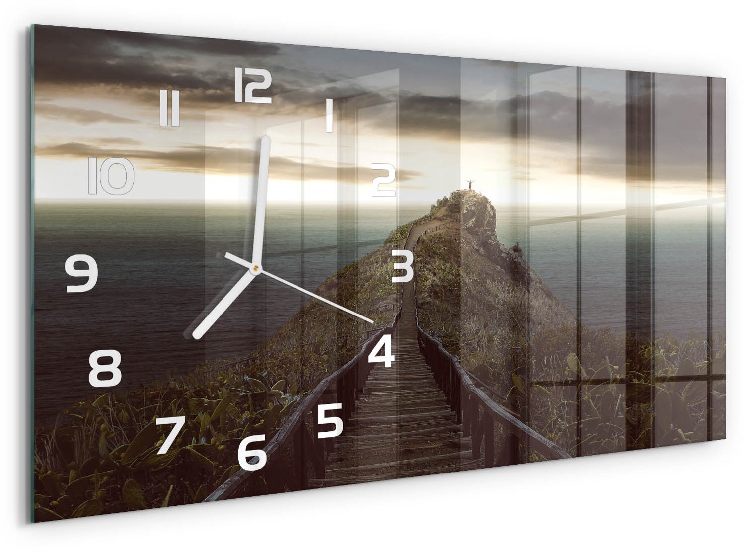 TULUP Wandklok - Pad op de rots Decoratieve Glazen Klok - 60x30 cm - Bruin Glazen Wandklok Design - Witte handen - Rechthoekige Klok - Glazen Klok Met Print - Wandklok Glas Met Motief