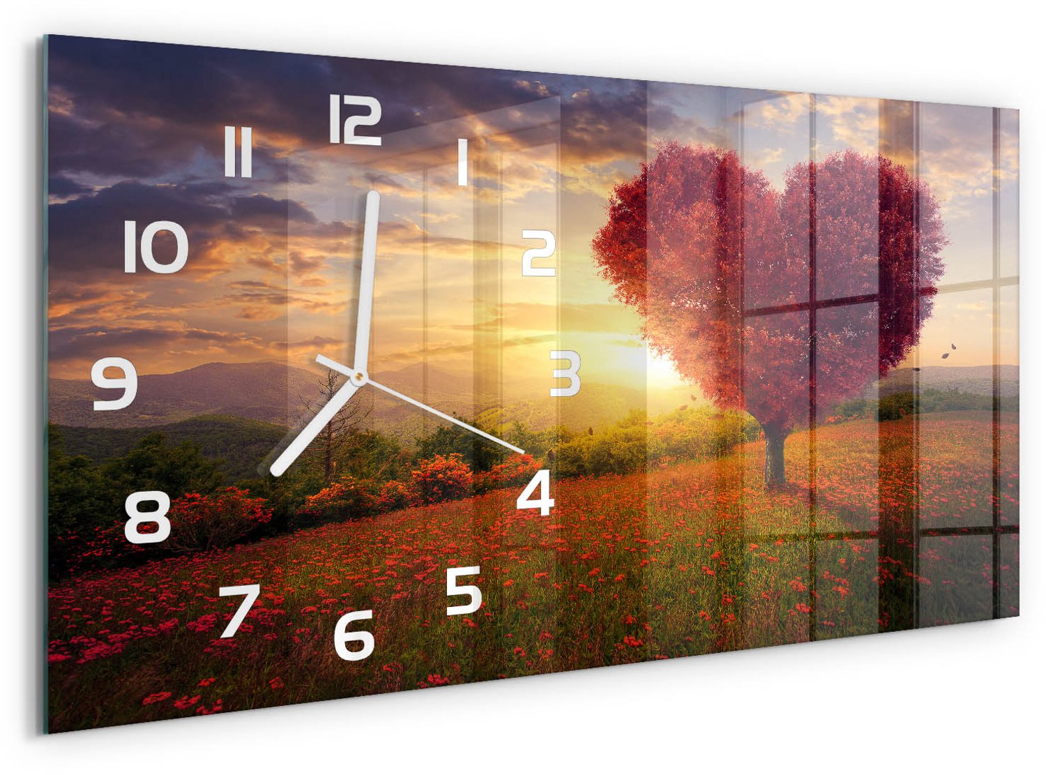 TULUP Wandklok - Hart van het bomenveld Wandklok Glas Met Motief - 60x30 cm - Rood Decoratieve Glazen Klok - Witte handen - Rechthoekige Klok - Gekleurde Glazen Klok - Glazen Klok Met Print