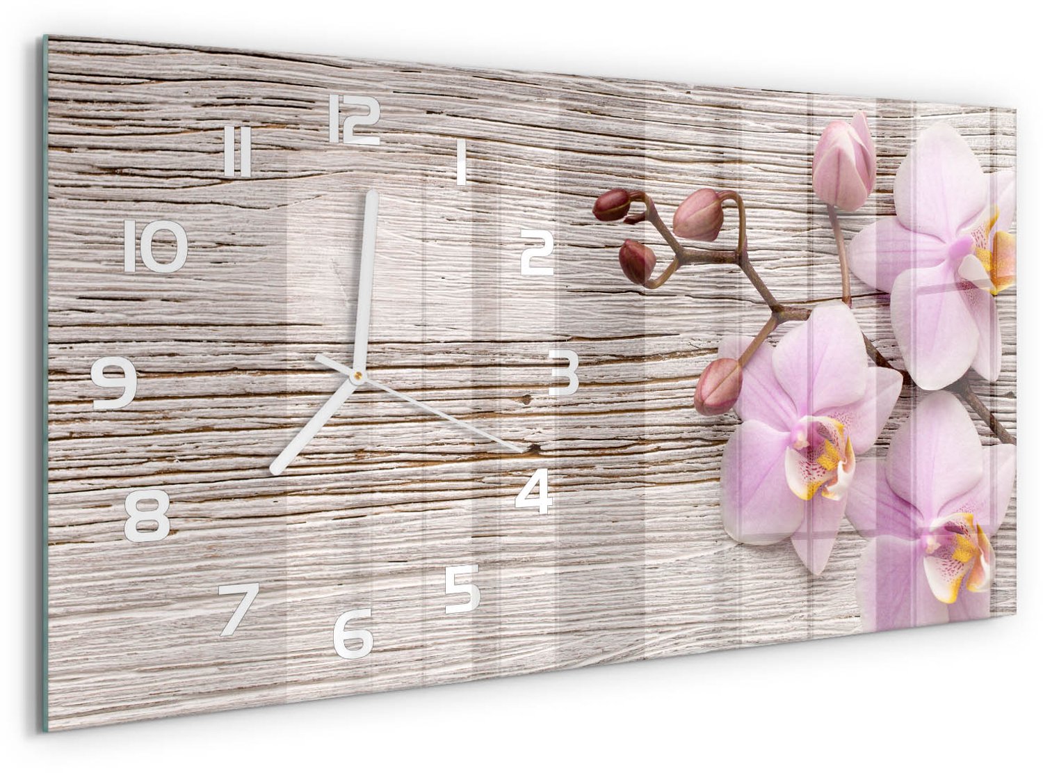 TULUP Wandklok - Orchidee op hout Klok Glas Met Opdruk - 60x30 cm - Beige Moderne Wandklok Glas - Witte handen - Rechthoekige Klok - Decoratieve Glazen Klok - Glazen Wandklok Design