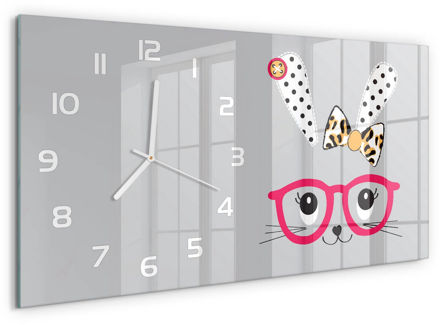 TULUP Wandklok - Konijn met bril Glazen Wandklok Design - 60x30 cm - Roze Klok Glas Met Opdruk - Witte handen - Rechthoekige Klok - Wandklok Glas Met Motief - Decoratieve Glazen Klok