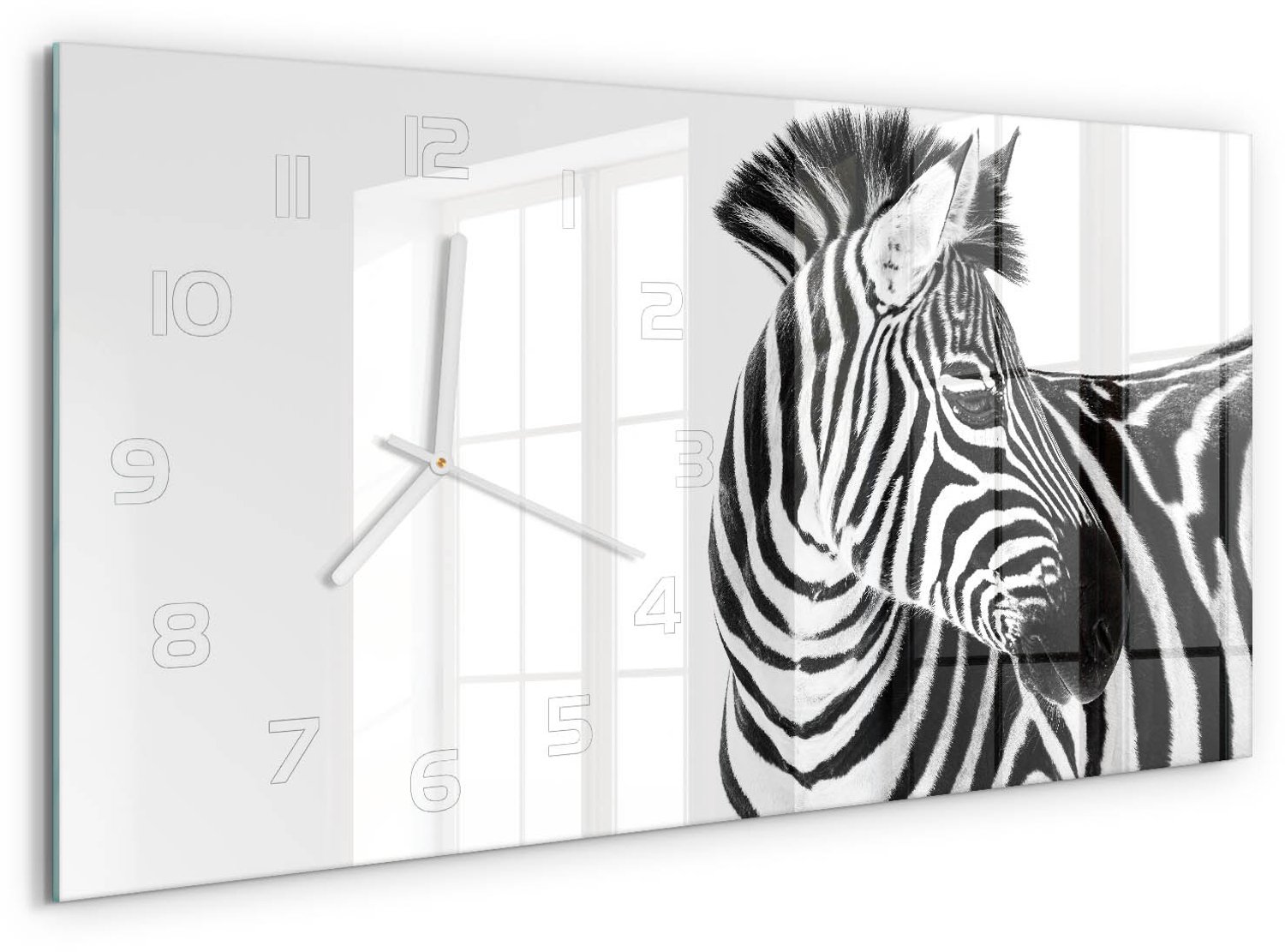 TULUP Wandklok - Zebra in de sneeuw Klok Glas Met Opdruk - 60x30 cm - Zwart-wit Moderne Wandklok Glas - Witte handen - Rechthoekige Klok - Decoratieve Glazen Klok - Glazen Wandklok Design