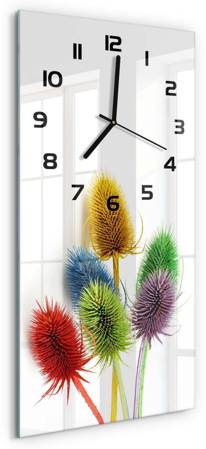 Tulup Wandklok - Distel Glazen Klok Met Print - 30x60 cm - Veelkleurig Wandklok Glas Met Motief - Zwarte handen - Rechthoekige Klok - Wandklok Glas Decoratie - Gekleurde Glazen Klok