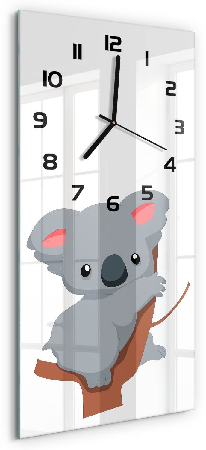 Tulup Wandklok - Koala in een boom Glazen Wandklok Design - 30x60 cm - Grijs Klok Glas Met Opdruk - Zwarte handen - Rechthoekige Klok - Wandklok Glas Met Motief - Decoratieve Glazen Klok