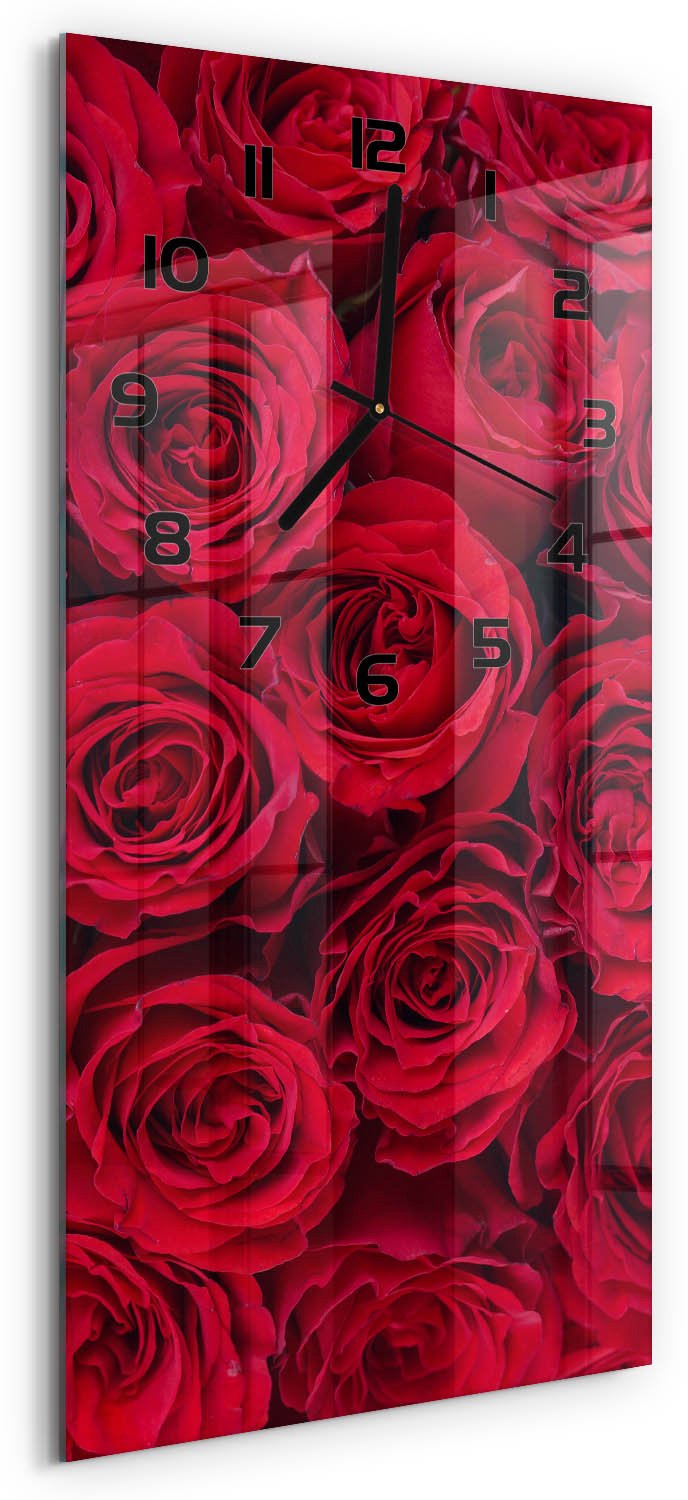 Tulup Wandklok - Rozen Wandklok Glas Met Motief - 30x60 cm - Rood Decoratieve Glazen Klok - Zwarte handen - Rechthoekige Klok - Gekleurde Glazen Klok - Glazen Klok Met Print
