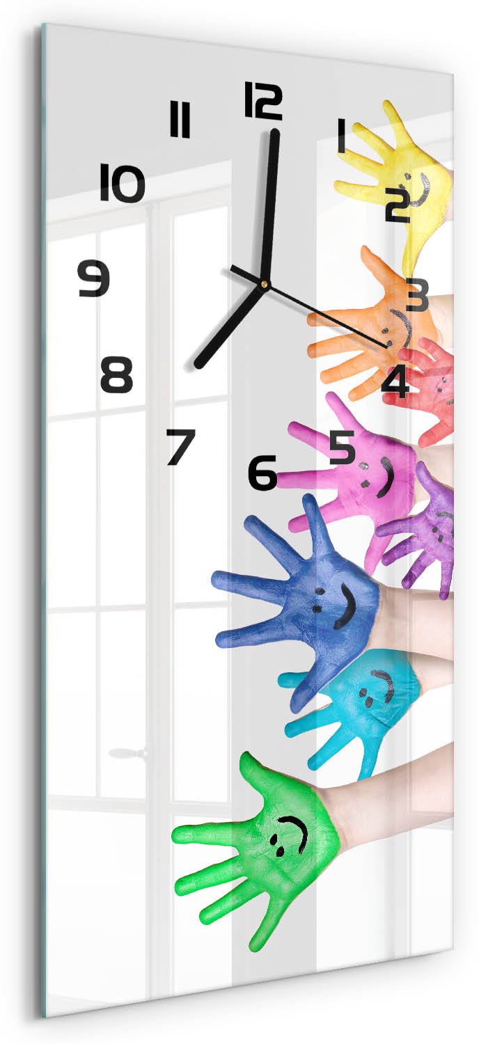 Tulup Wandklok - Geschilderde handen Gekleurde Glazen Klok - 30x60 cm - Veelkleurig Glazen Klok Met Print - Zwarte handen - Rechthoekige Klok - Moderne Wandklok Glas - Wandklok Glas Decoratie