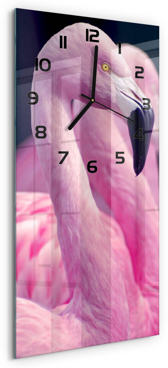 Tulup Wandklok - Flamingo's Wandklok Glas Met Motief - 30x60 cm - Roze Decoratieve Glazen Klok - Zwarte handen - Rechthoekige Klok - Gekleurde Glazen Klok - Glazen Klok Met Print