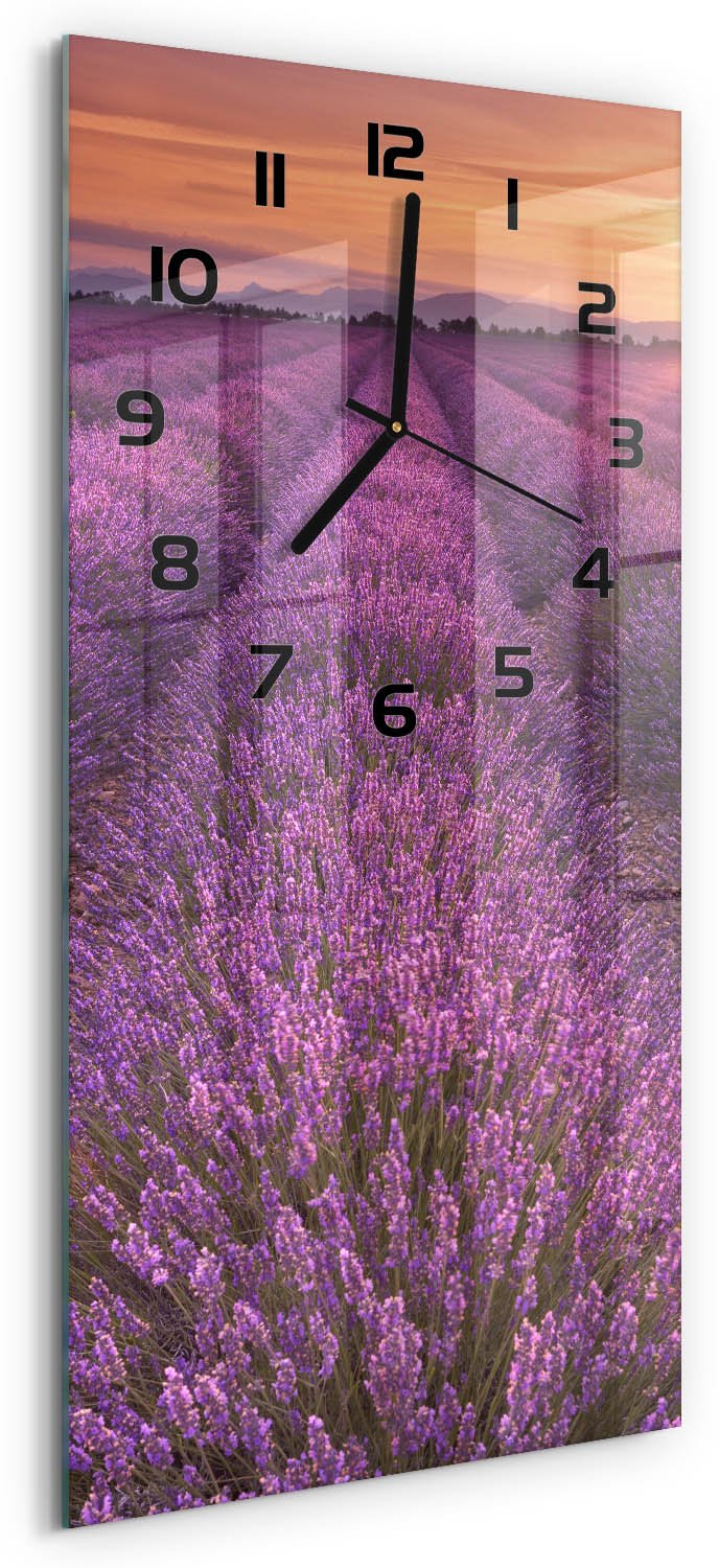 Tulup Wandklok - Lavendelveld Moderne Wandklok Glas - 30x60 cm - Paars Wandklok Glas Decoratie - Zwarte handen - Rechthoekige Klok - Glazen Wandklok Design - Klok Glas Met Opdruk