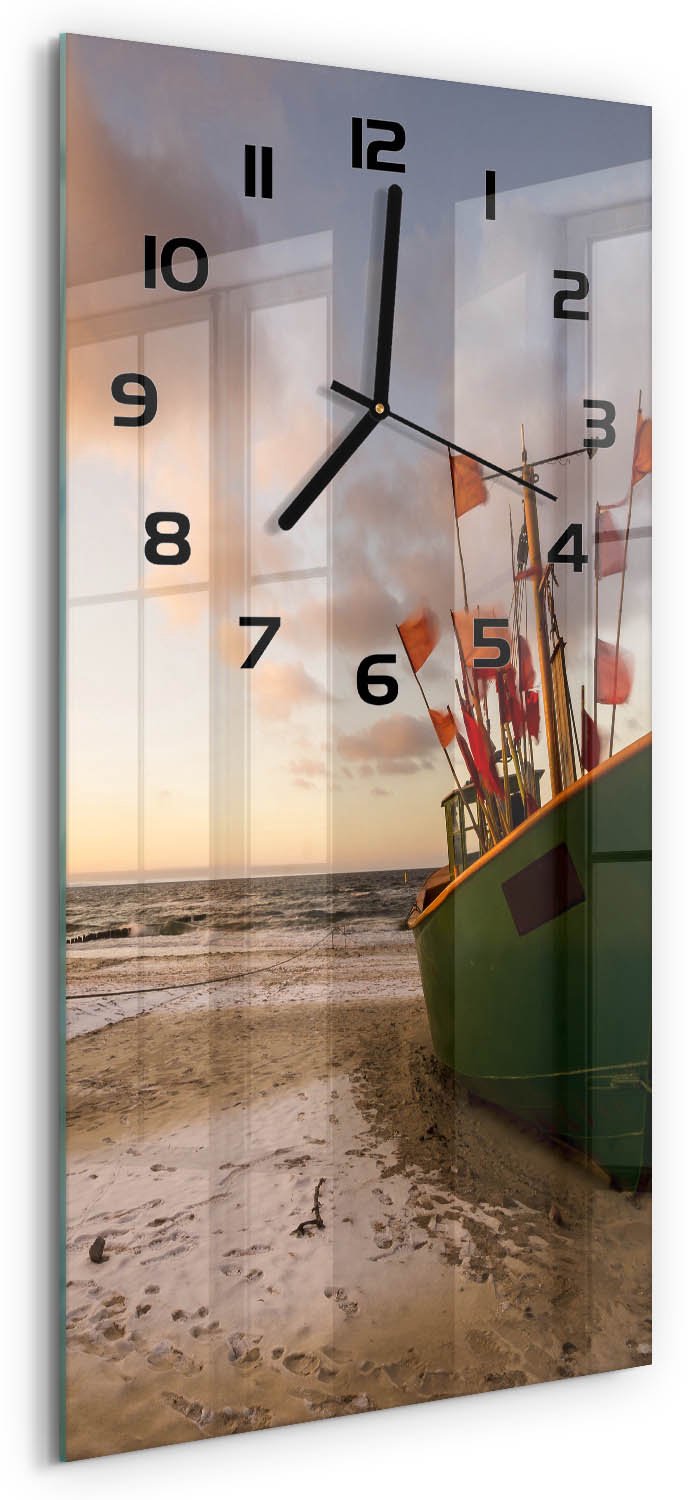 Tulup Wandklok - Strand met vissersboten Wandklok Glas Decoratie - 30x60 cm - Groente Gekleurde Glazen Klok - Zwarte handen - Rechthoekige Klok - Klok Glas Met Opdruk - Moderne Wandklok Glas