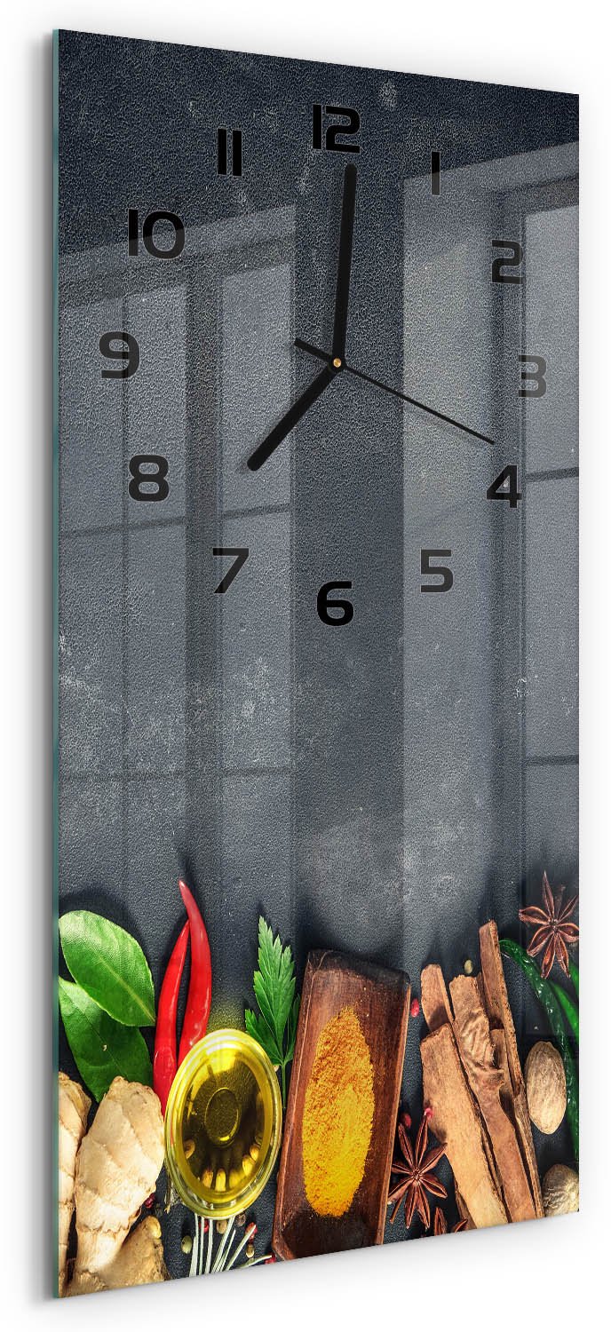 Tulup Wandklok - Kruiden en specerijen Wandklok Glas Decoratie - 30x60 cm - Veelkleurig Gekleurde Glazen Klok - Zwarte handen - Rechthoekige Klok - Klok Glas Met Opdruk - Moderne Wandklok Glas