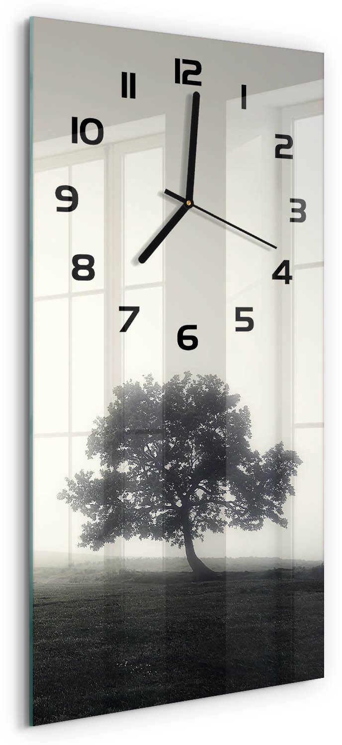 Tulup Wandklok - Eenzame boom Glazen Wandklok Design - 30x60 cm - Grijs Klok Glas Met Opdruk - Zwarte handen - Rechthoekige Klok - Wandklok Glas Met Motief - Decoratieve Glazen Klok