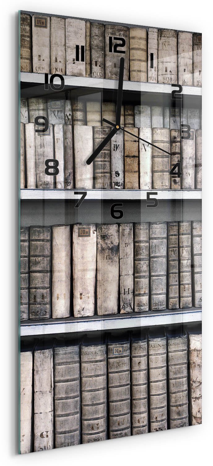Tulup Wandklok - Boekenplank Klok Glas Met Opdruk - 30x60 cm - Beige Moderne Wandklok Glas - Zwarte handen - Rechthoekige Klok - Decoratieve Glazen Klok - Glazen Wandklok Design