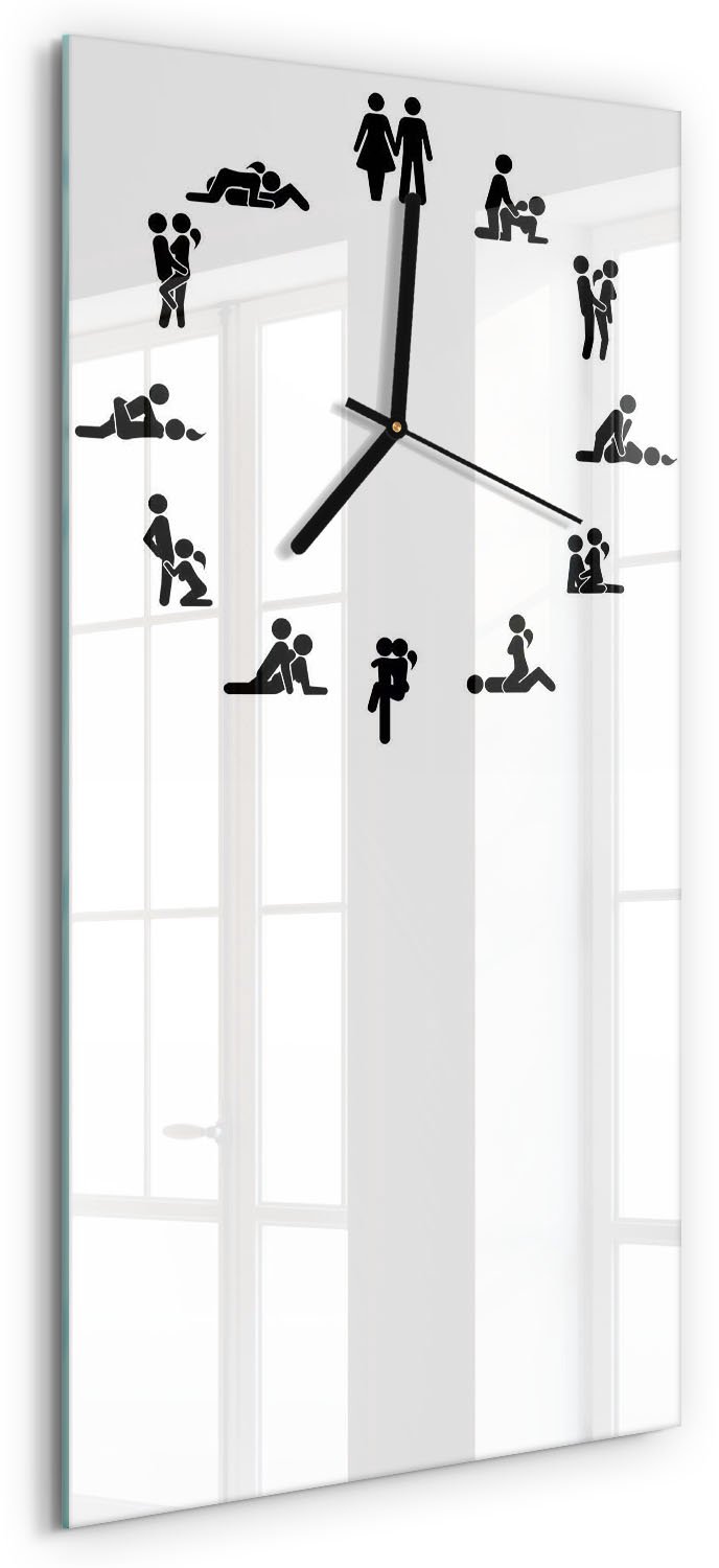 Tulup Wandklok - Kama Sutra Moderne Wandklok Glas - 30x60 cm - Wit Wandklok Glas Decoratie - Zwarte handen - Rechthoekige Klok - Glazen Wandklok Design - Klok Glas Met Opdruk