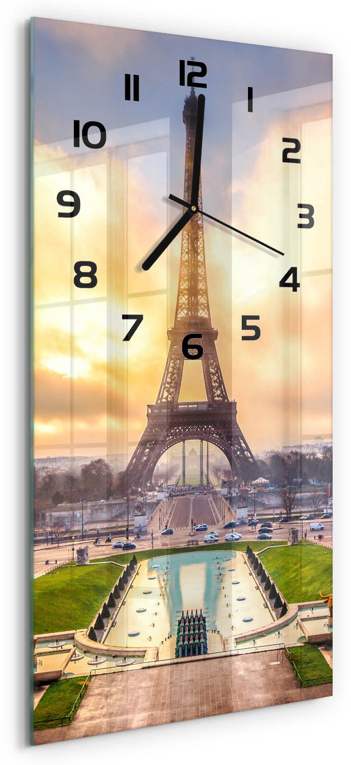 Tulup Wandklok - Eiffeltoren Parijs Wandklok Glas Met Motief - 30x60 cm - Geel Decoratieve Glazen Klok - Zwarte handen - Rechthoekige Klok - Gekleurde Glazen Klok - Glazen Klok Met Print