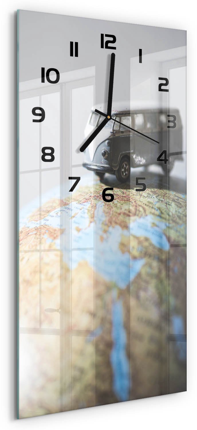 Tulup Wandklok - Van op de Globe Decoratieve Glazen Klok - 30x60 cm - Grijs Glazen Wandklok Design - Zwarte handen - Rechthoekige Klok - Glazen Klok Met Print - Wandklok Glas Met Motief