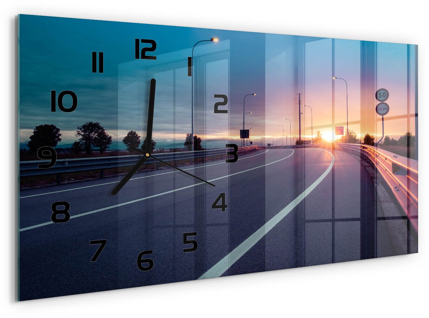 TULUP Wandklok - Snelweg Glazen Klok Met Print - 60x30 cm - Veelkleurig Wandklok Glas Met Motief - Zwarte handen - Rechthoekige Klok - Wandklok Glas Decoratie - Gekleurde Glazen Klok