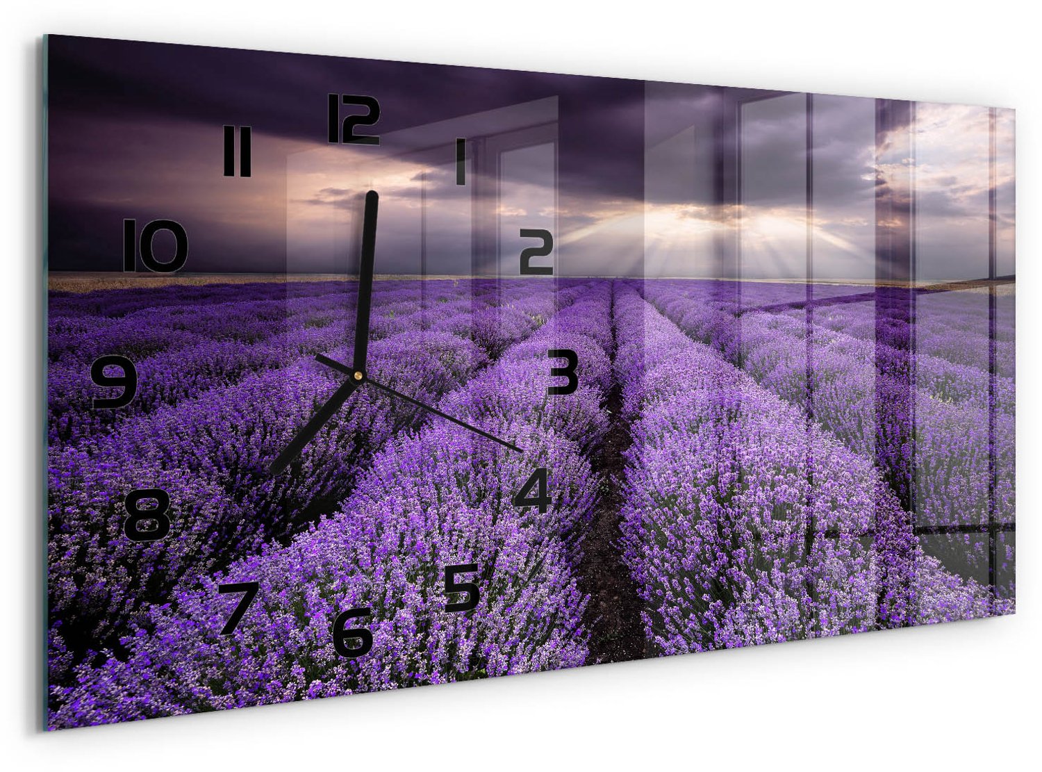 TULUP Wandklok - Lavendelveld Glazen Wandklok Design - 60x30 cm - Paars Klok Glas Met Opdruk - Zwarte handen - Rechthoekige Klok - Wandklok Glas Met Motief - Decoratieve Glazen Klok