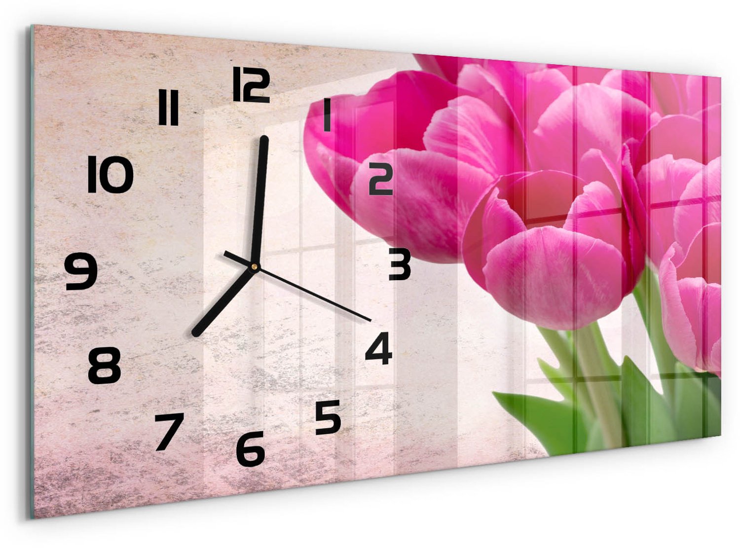 TULUP Wandklok - Roze tulpen Wandklok Glas Met Motief - 60x30 cm - Paars Decoratieve Glazen Klok - Zwarte handen - Rechthoekige Klok - Gekleurde Glazen Klok - Glazen Klok Met Print