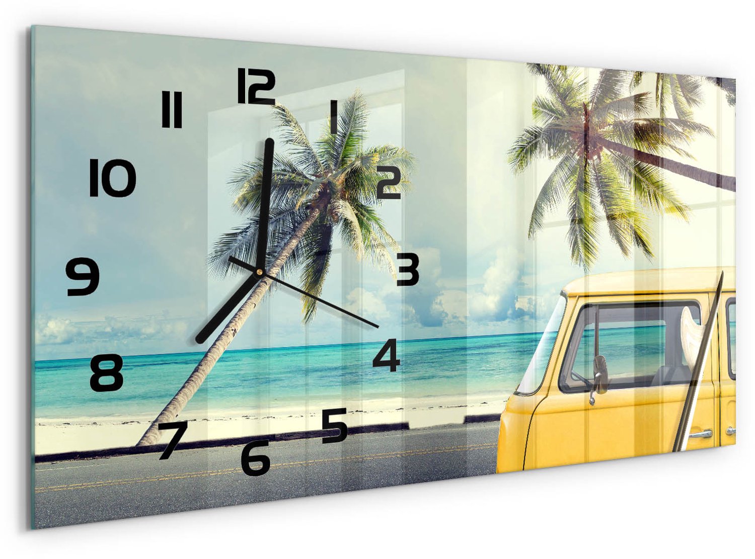 TULUP Wandklok - Van Beach Glazen Klok Met Print - 60x30 cm - Geel Wandklok Glas Met Motief - Zwarte handen - Rechthoekige Klok - Wandklok Glas Decoratie - Gekleurde Glazen Klok