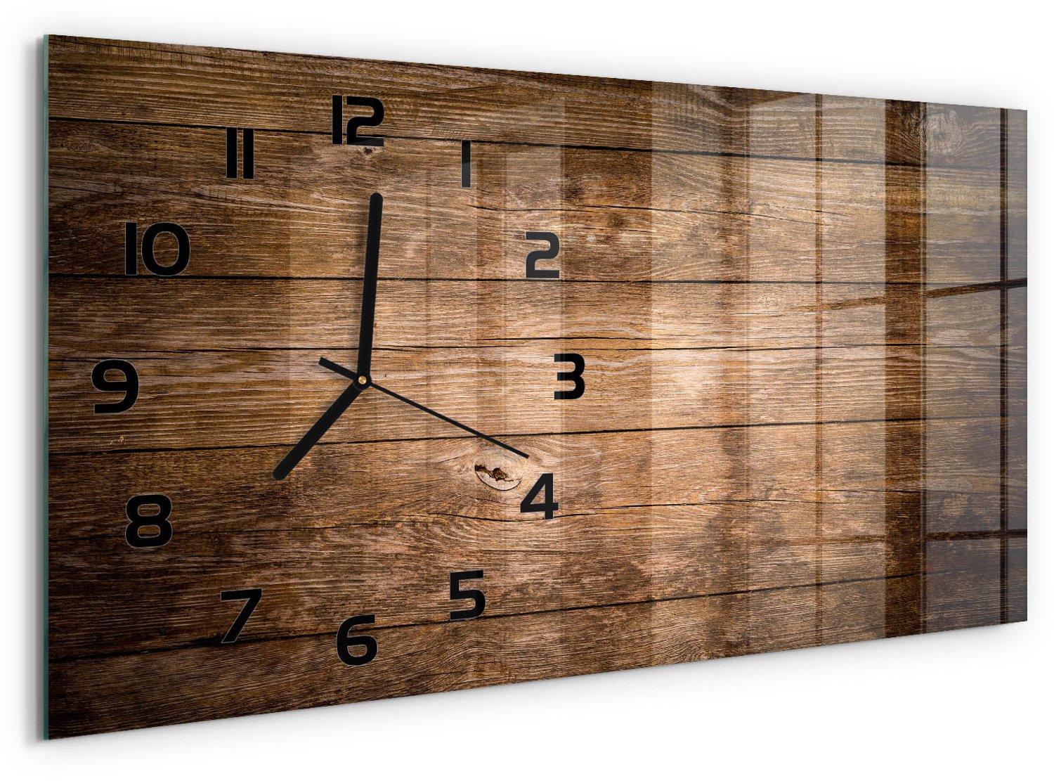 TULUP Wandklok - Houten achtergrond Decoratieve Glazen Klok - 60x30 cm - Bruin Glazen Wandklok Design - Zwarte handen - Rechthoekige Klok - Glazen Klok Met Print - Wandklok Glas Met Motief