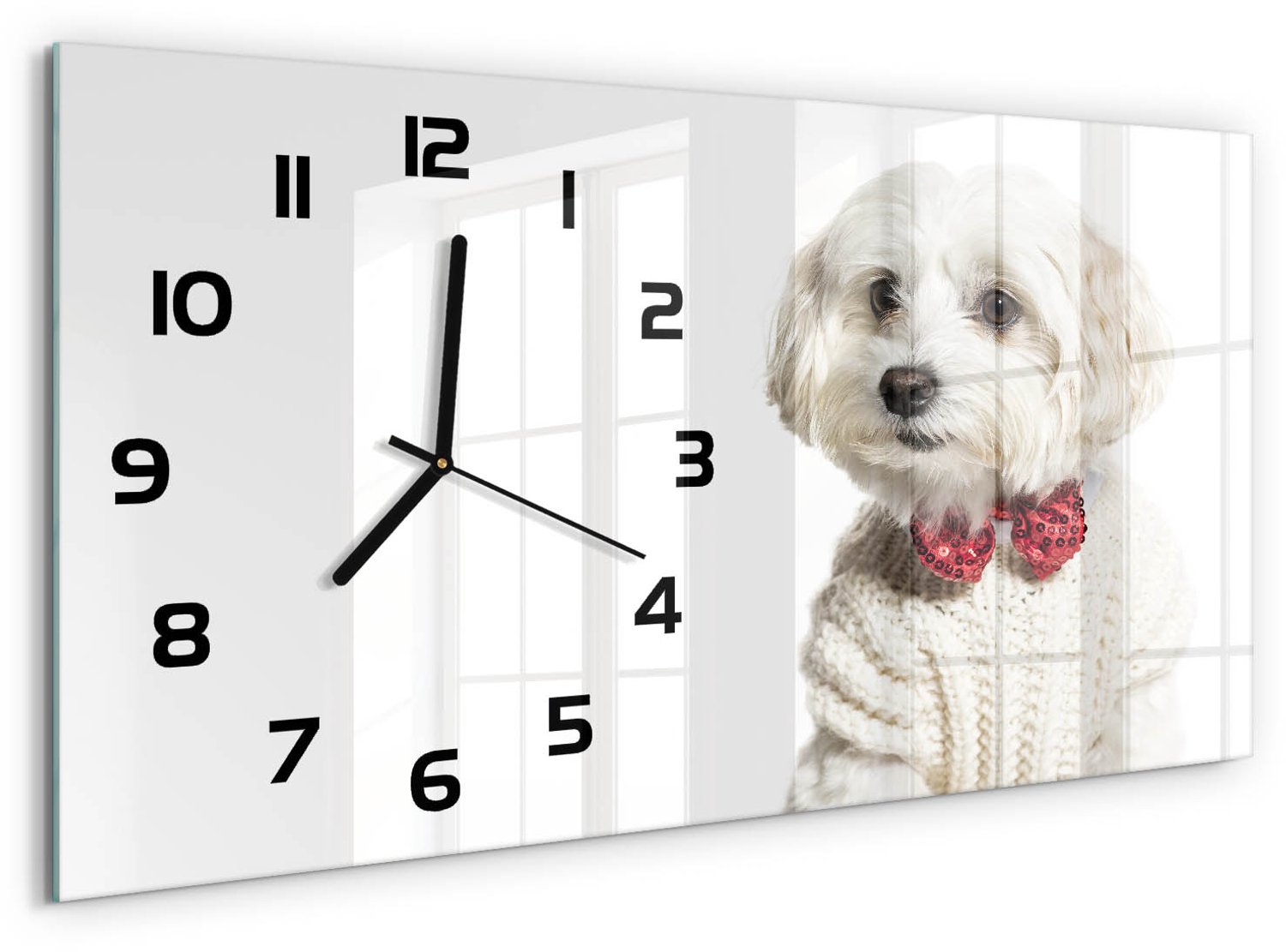TULUP Wandklok - Maltezer met een vlinderdas Wandklok Glas Met Motief - 60x30 cm - Rood Decoratieve Glazen Klok - Zwarte handen - Rechthoekige Klok - Gekleurde Glazen Klok - Glazen Klok Met Print